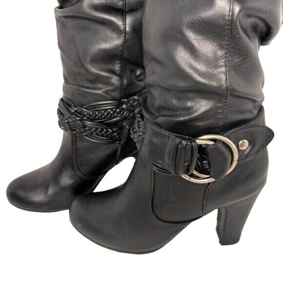 Knee HigWomen's Y2K Slouch Vegan Leather Boots with Buckles Black Size 8M 4" Hee - Picture 6 of 9